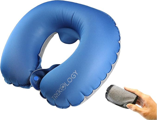 TREKOLOGY Inflatable Neck Pillow for Travel – Compact Ultralight Air Pillow with Button Inflation & Quick Deflate – Dual-Fabric Neck Support Cushion for Airplane, Car, Train, Bus