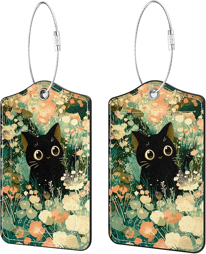 2 Pack PU Leather Luggage Tags for Suitcases, Privacy Protection Cover with Stainless Steel Loop and Address Card, Travel Cruise Essentials (Flower Cat)