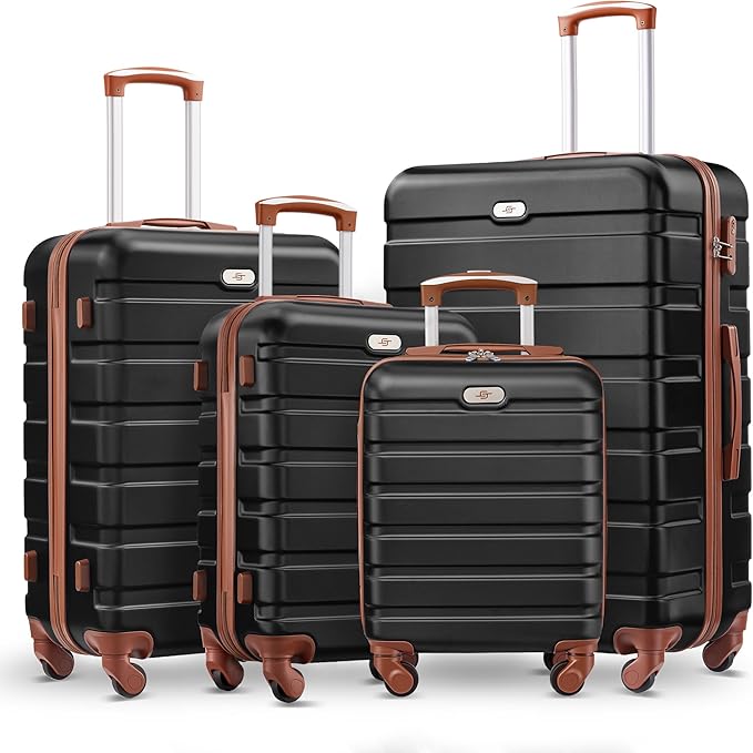 Suitour 4 Piece Luggage Sets, Hard Shell Suitcase Set with Spinner Wheels 16 20 24 28inch Travel Sets(Black Tan)
