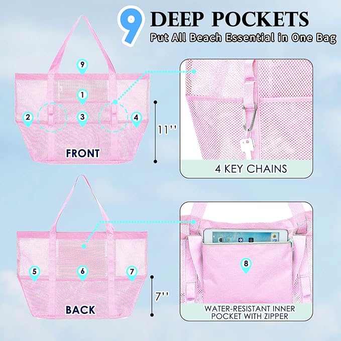 Fammart Mesh Beach Bag, Large Beach Tote with Zipper Pocket, Toys Pool Bag for Family Travel Vacation Cruise Essentials