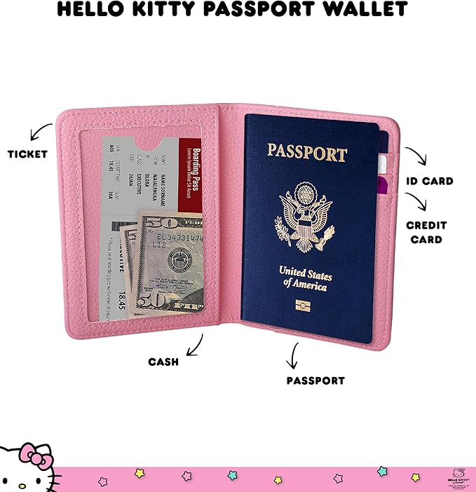 Hello Kitty Pebbled Pink Passport Holder for Travel Official License, Sanrio Passport Cover for Women