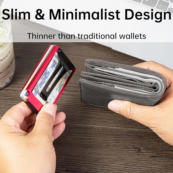 Minimalist Carbon Fiber Wallet for Men, Money Clip Cash Strap Wallet, RFID Blocking Metal Wallet Aluminum Card Holder,Front Pocket Wallet(Matte Red)