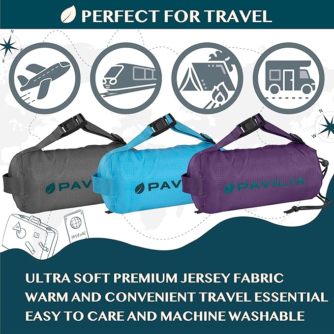 PAVILIA Travel Blanket Airplane Compact with Bag, Soft Packable Plane Blanket Kids Adults, Portable Camping Flight Essentials, Travelers Gifts Accessories, Luggage Backpack Strap, 65x40 Purple