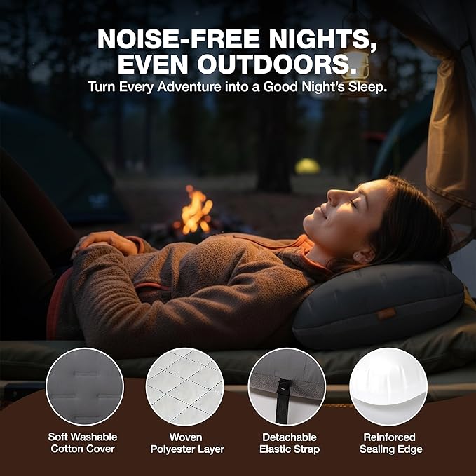 Inflatable Camping Pillow - Ultralight Compact Air Pillow for Travel, Backpacking & Hiking - Ergonomic Neck & Lumbar Support - Portable Inflatable Pillow with Removable Washable Cover - (Grey)