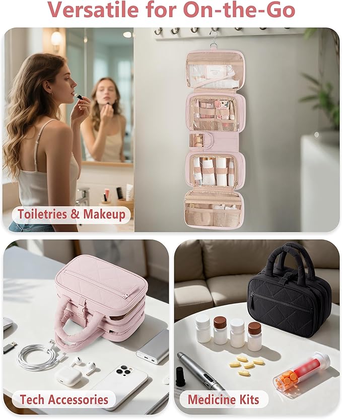 Travel Toiletry Bag for Women with Hanging Hook, Puffy Makeup Organizer with Brushes Slots for Bathroom, Shower and Beauty Essentials, Pink