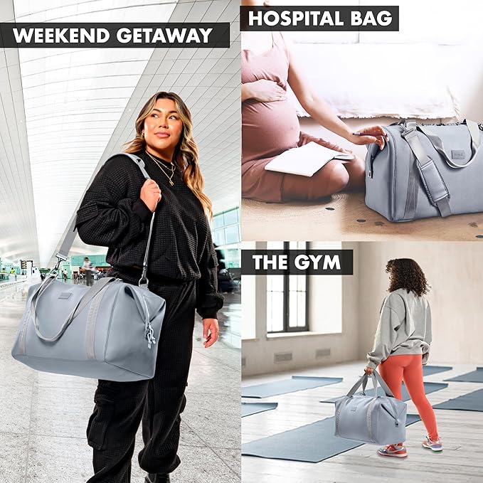Fit & Fresh Neoprene Weekender Bag for Women – Carry-On Friendly Travel Duffel with Expandable Sides, Trolley Sleeve & Pockets – Lightweight, Water-Resistant Overnight Bag for Weekend Trips + Gym