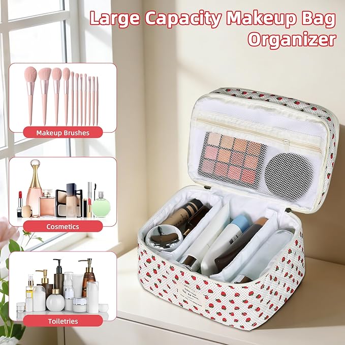 Makeup Bag, Portable Travel Make up Bag, Large Capacity Quilted Cosmetic Organizer Bag, Cute Floral Toiletry Bag for Women Girls (Strawberry)