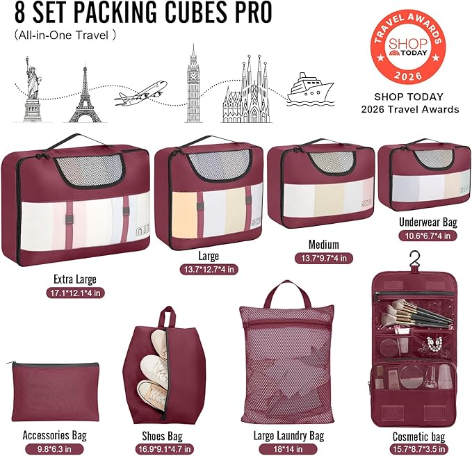 Veken 8 Set Packing Cubes for Travel Essentials, Gifts for women, Suitcase Organizer Bags in 4 Sizes, Carry-On Luggage Accessories with Large Laundry & Hanging Toiletry Bag, Must-Have for Airplane