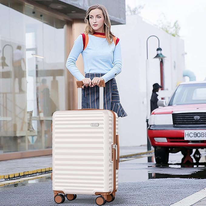SHOWKOO Luggage Sets 3 Piece Hardside Expandable Suitcase with Double Spinner Wheels Tsa Lock, (Beige White, 5 piece set)