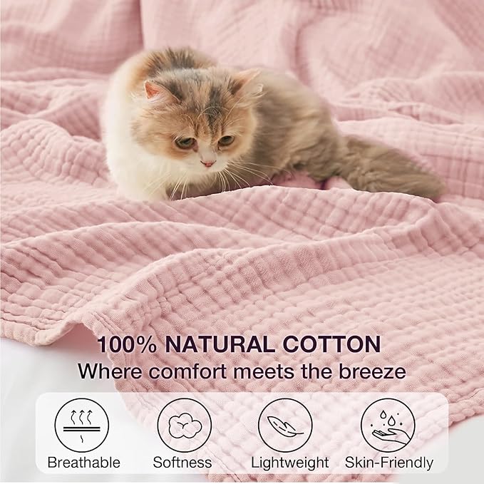 100% Cotton Muslin Blanket Queen 90" x 90", 6 Layers Breathable and Lightweight Cotton Throw Blankets for Bed, Soft Cooling Summer Gauze Blanket for Adults All Season, Dusty Rose‌