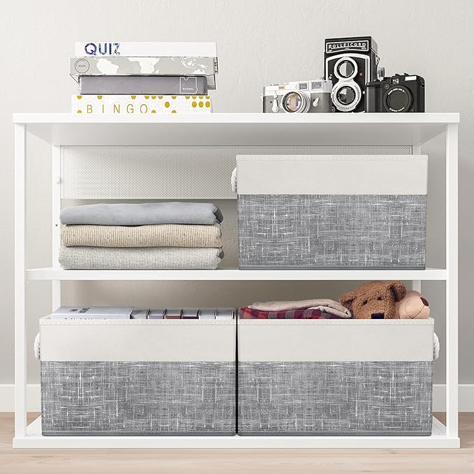 Fab totes Storage Bins [2-Pack], Foldable Storage Baskets for Organizing Toys, Books, Shelves, Closet, Large Storage Box with Rope Handles, Sturdy Organizer Bins, White & Grey