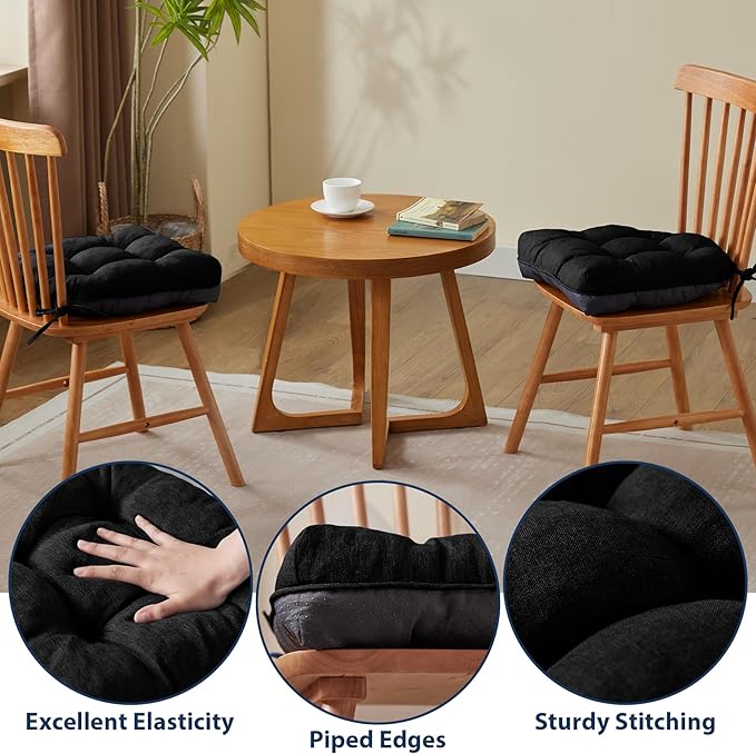 Chair Cushions for Dining Chairs, Seat Cushions for Kitchen Chairs, Indoor Seat Cushions with Ties, Tufted Foam Chair Pads, Non Slip Chair Cushions Set of 6, 15.5" x 15.5" x 4", Black