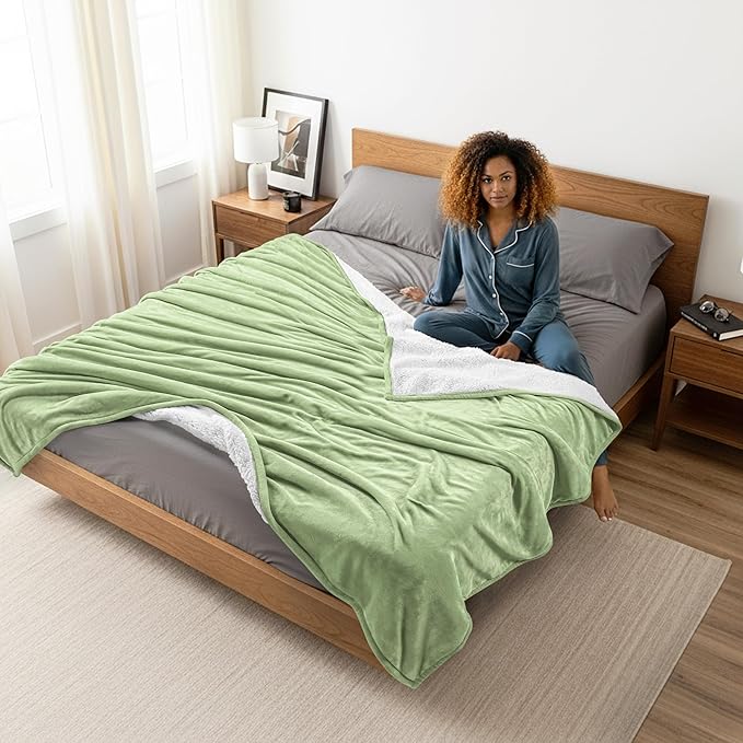Utopia Bedding Sherpa Blanket King Size (Sage Green, 90x102 Inches) - Soft Lightweight Plush Fleece Reversible Blanket for Bed, Sofa, Couch, Camping and Travel