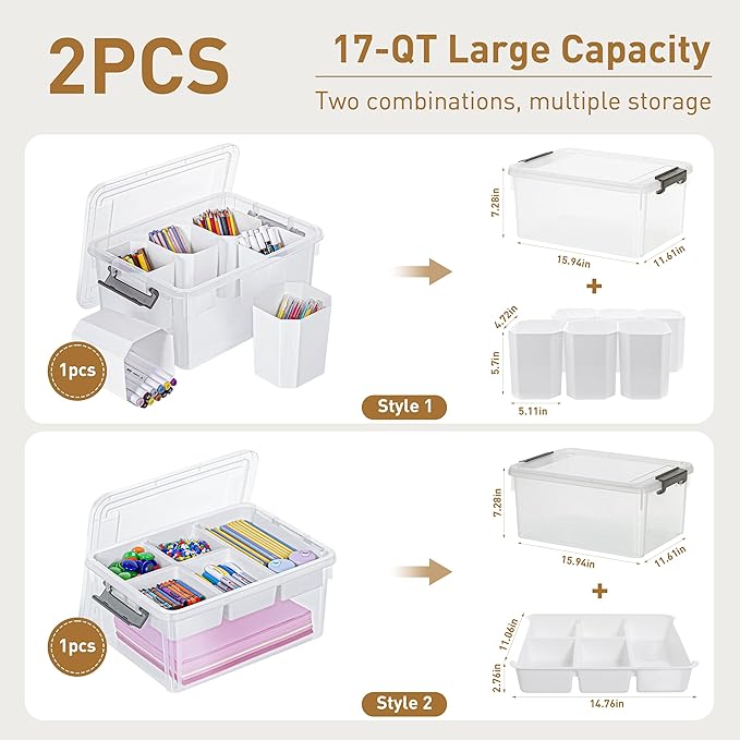 Citylife 17 QT Plastic Storage Box with Removable Tray and 6 Detachable Tall Inserts Craft Organizers and Storage Clear Storage Container for Organizing Crayon, Craft, Sewing, Playdoh, 2 Packs