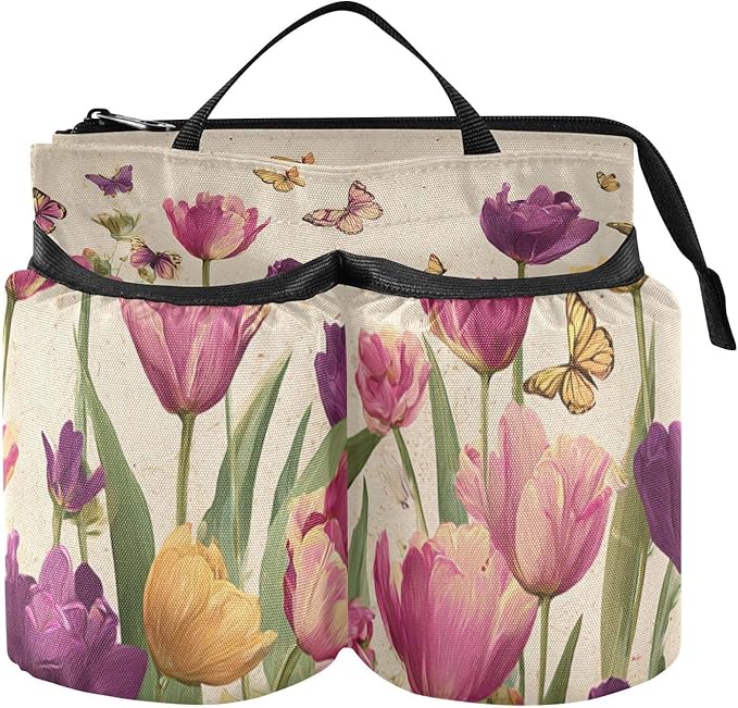 Luggage Cup Holder for Suitcases Free Hands Travel Cup Holder Portable Suitcase Cup Drink Holder Luggage Cup Caddy Bag Carrier Vintage Beige Spring Tulips Butterflies