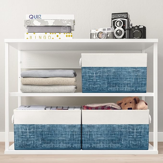 Fab totes Storage Bins [2-Pack], Foldable Storage Baskets for Organizing Toys, Books, Shelves, Closet, Large Storage Box with Rope Handles, Sturdy Organizer Bins, White & Blue