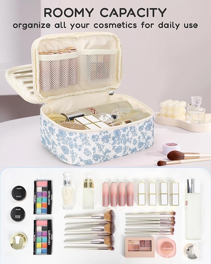 Relavel Travel Makeup Bag, Small Floral Cosmetic Bag with Makeup Brush Compartment, Portable Makeup Pouch for Women, Double Layer Makeup Organizer Bag Cute Toiletry Bag