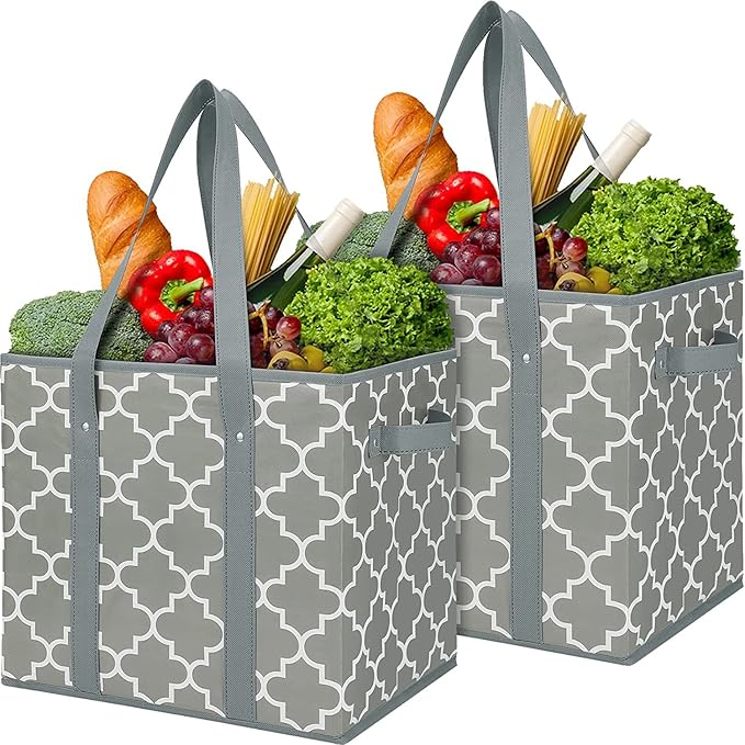 WISELIFE Reusable Grocery Bags 2-Pack Foldable Washable Storage Bins Basket Water Resistant Shopping Utility Tote Bag Grey