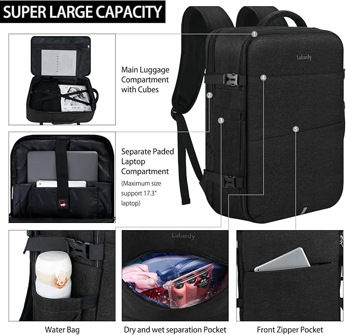 Lubardy Travel Backpack for Men Women 17 Inch Flight Approved Carry on Backpack Waterproof Large 40L Luggage Daypack Business College Weekender Overnight Laptop Backpack with 3 Packing Cubes, Black