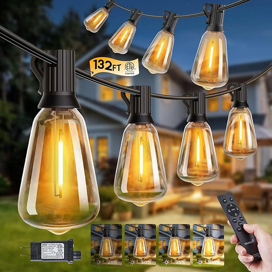 Minetom 132FT Outdoor String Lights with Remote, ST38 Patio Lights Dimmable | Waterproof LED Outdoor Lights with 3 Modes, Shatterproof Connectable Hanging Outside Lights for Backyard Porch Garden Decor