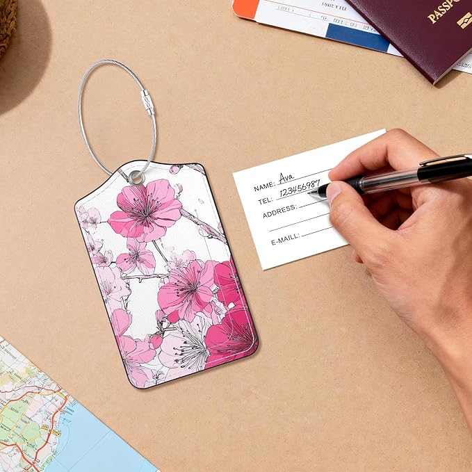 2 Pack PU Leather Luggage Tags for Suitcases, Privacy Protection Cover with Stainless Steel Loop and Address Card, Travel Cruise Essentials (Pink Flower)