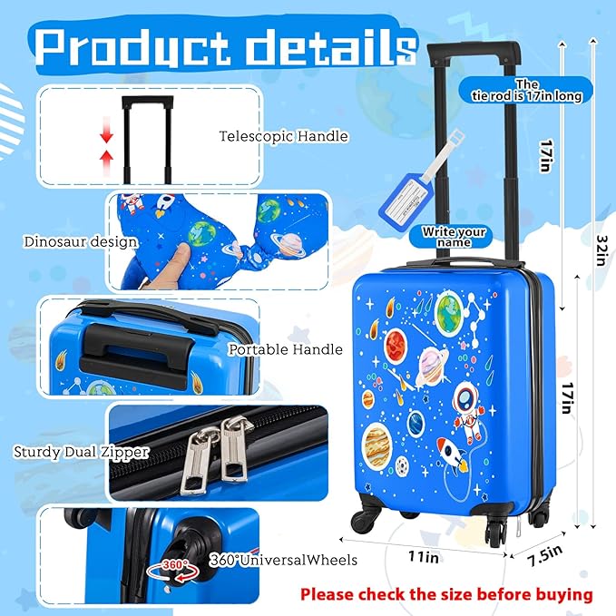 Redbaker Light Blue 6 Pcs Kids Luggage Set 17 Inch Kids Rolling Luggage Double Pattern Suitcase for Boys Girls (17 Inch, Astronauts)