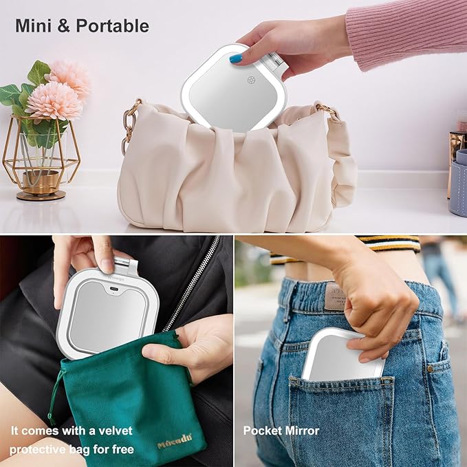 Mocado Compact Travel Makeup Mirror, 1X/10X Magnifying Mirror with Light, Double Sides Compact Mirror with 3 Color Light, Dimmable Handheld Mirror, Rechargeable Travel for Purse,Pocket(White)