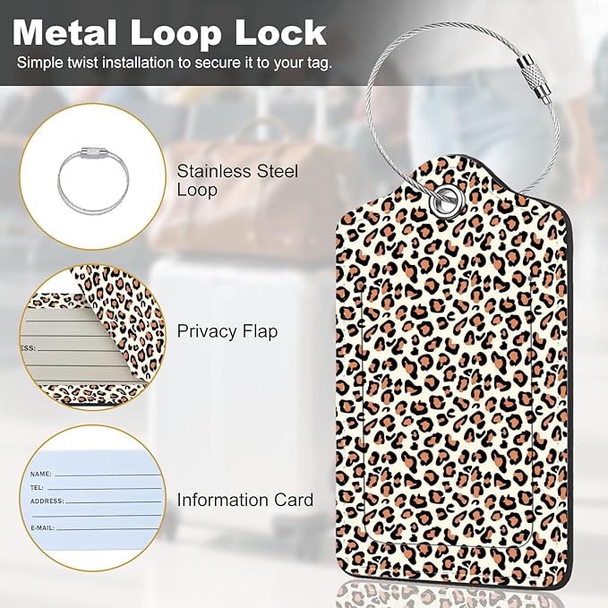 2Pack Luggage Tags for Suitcases, Cute Unique Pu Leather Cruise Luggage Tag with Privacy Cover ID Label Address Card and Metal Ring Suitable for Women Men Kids Travel Bag Leopard Print