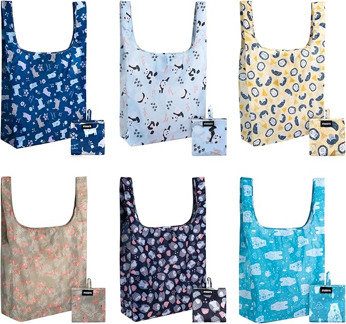 Masirs Reusable Grocery Bag (ANIMAL PATTERN | 6-PACK) - Reusable Ripstop Bags - Large, Strong Eco Friendly Bags - Foldable Shopping Bag - For Kitchen, Grocery & More - Packable Shopping Bag