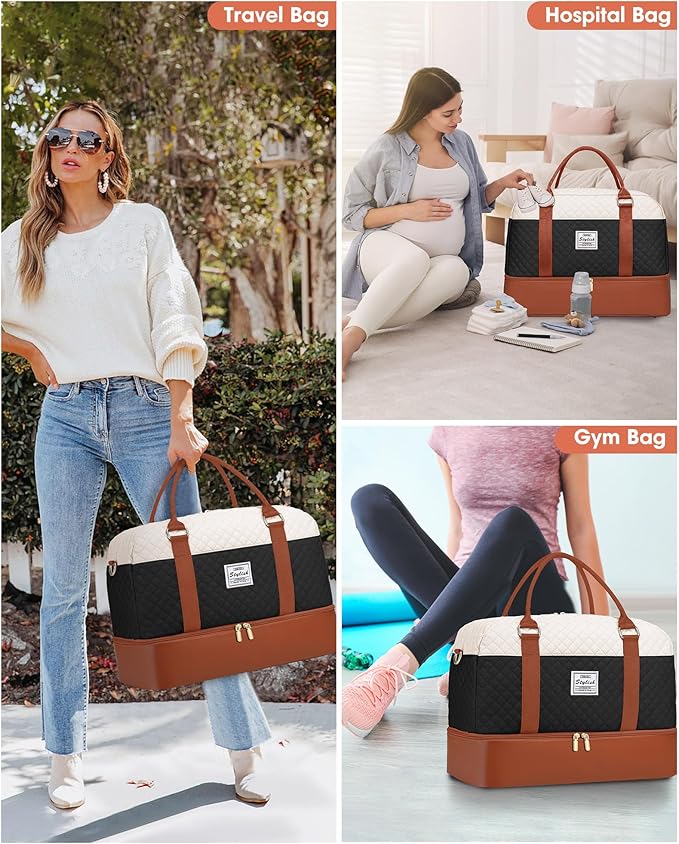 Weekender Bags for Women Duffle Bag - Travel Bag for Women with Shoe Compartment Carry On Overnight Bag Yoga Gym Bag with Wet Pocket Hospital Bag Labor Delivery Black Beige Brown