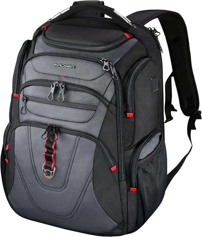KROSER Friendly Travel Laptop Backpack 17.3 inch XXXL Gaming Backpack Water-Repellent College Daypack Business Backpack with RFID Pockets & USB Port for Men/Women-Black/Grey