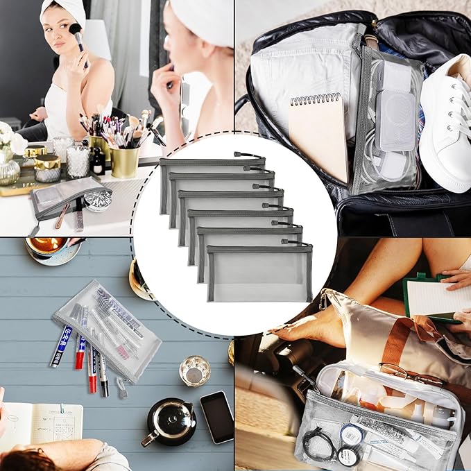 Mesh Bags with Zipper (6 Packs), Small Nylon Makeup Bag Cosmetic Pouches Travel Organizer Case for Purse Diaper Bag Home Organizing Gray