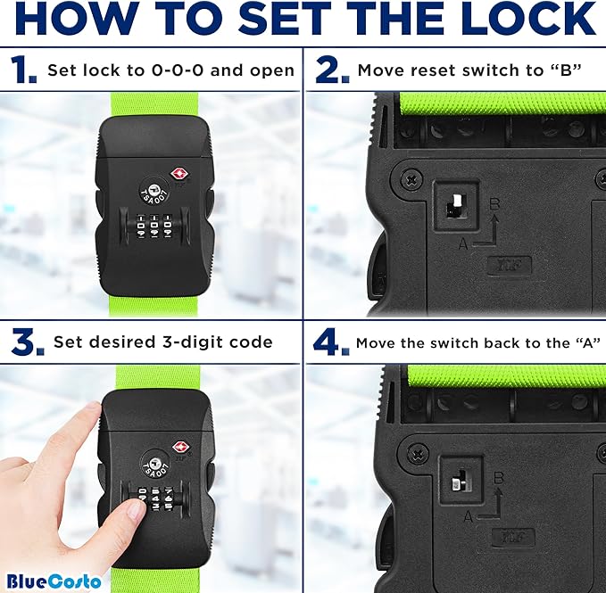 BlueCosto - Luggage Strap with TSA Lock - 7 to 13 ft Adjustable, Neon Green - TSA Approved Suitcase Security Belt with 3 Digit Combination Locking - 2" Wide Heavy Duty Baggage Strap for Secure Travel