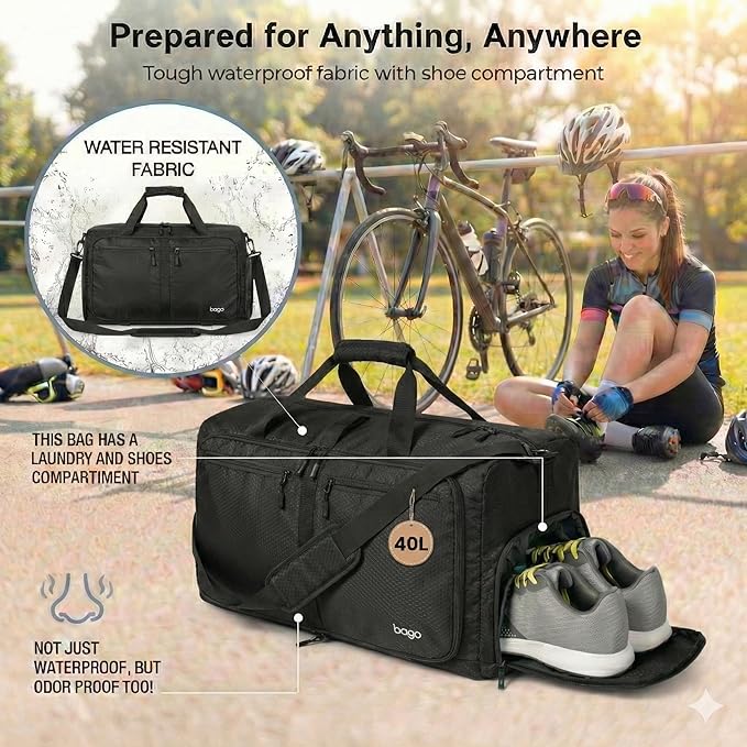 Bago Compact Duffle Bag for Travel Women & Men. Durable Lightweight Foldable Travel Duffel Bags For Traveling Women. 40L Duffle Bags a Reliable Weekender duffel or Overnight Bag With Shoe Compartment