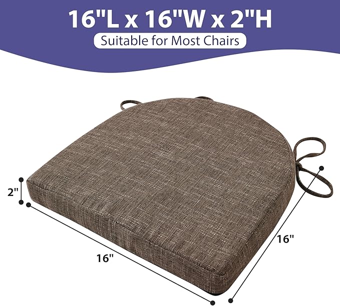 Chair Cushions for Dining Chairs with Ties and Removable Cover, Dining Kitchen Chair Pads with Non-Slip Bottom, High-Resilience Indoor Seat Cushions, 16'' x 16'' x 2'', Set of 6, Brown