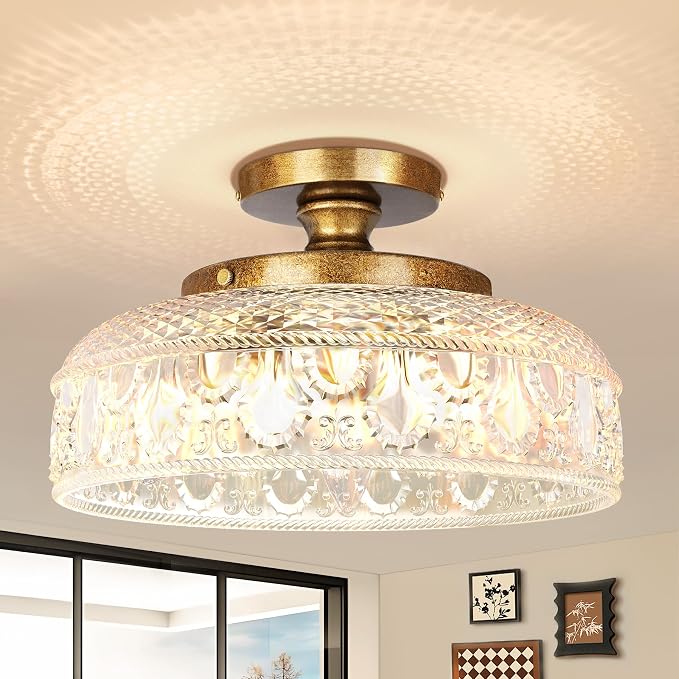 Lamomo Semi Flush Mount Ceiling Light, 3 Light Hallway Light Fixture, 12 Inch Antique Brass Gold Globe Glass Close to Ceiling Scone,Indoor Hanging Lantern for Bedroom Kitchen Porch Hallway