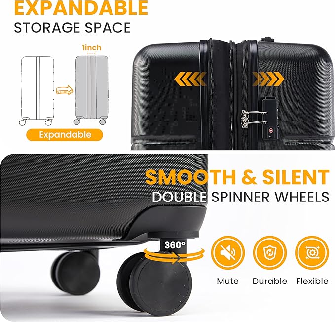 HealSmart Hardside Carry-On Luggage, Expandable Portable Hardshell Luggage with Spinner Wheels, Lightweight Suitcase TSA Lock, 20 Inch, Black