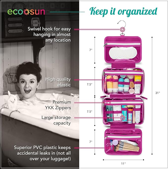 Eco Sun Hanging Travel Toiletry Bag — Designed in Hawaii — Water-resistant Travel Organizer for Bathroom Accessories (Magenta)