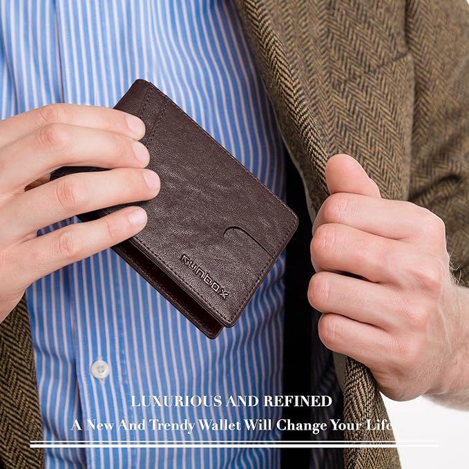 RUNBOX Wallet for Men Slim Rfid Leather 2 ID Window With Gift Box | Slim, Rfid, 2 ID Window, With Gift Box, Slim, Rfid