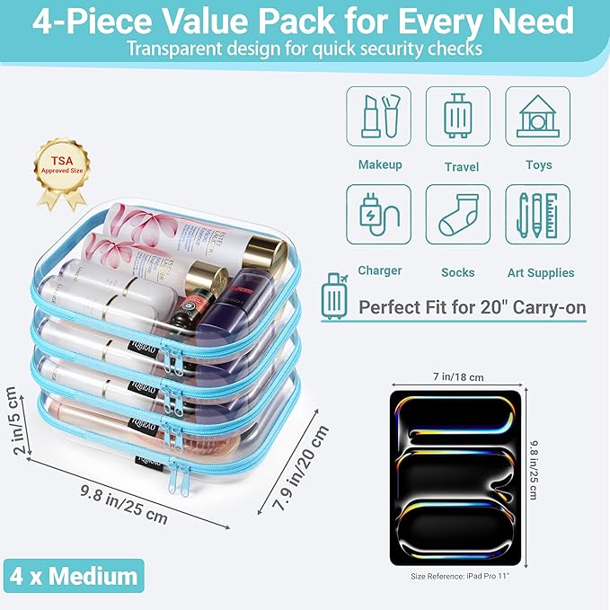 YQBRA 4 Pack Clear Hard Shell Zipper Case, See-Through Hard Plastic Organizer Pouches with Zipper for Travel, Toiletries, Makeup, Toy, Electronics & Pencils - Crush-Resistant Storage (M Blue)