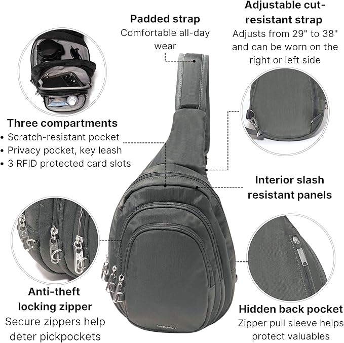 Baggallini Securtex® Anti-Theft Multi Zip Sling - Lightweight 8.6"x15.2" Travel Bag with Locking Zippers & RFID Protection