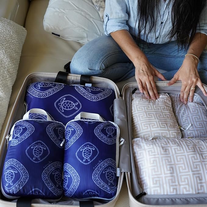 Compression Packing Cubes for Kids & Adults, Compressible Carry On Suit Case Organizer Luggage Kids Packing Cubes for Baby Bag Organizer Pouches for Luggage Blue Turtle 3pc Set