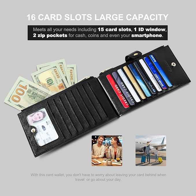 Travelambo RFID Wallet Women Large Size Bifold Multi Card Wallet Case with Zipper Pocke Credit Card Holder for Women