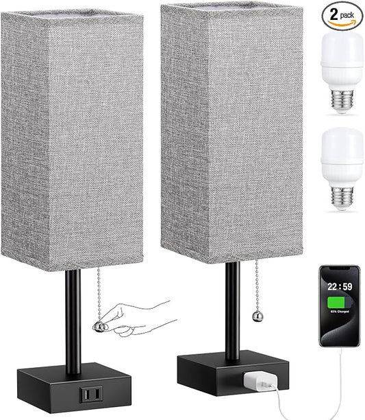 Bedside Lamp for Bedroom Set of 2 - Grey Table Lamp for Nightstand | AC Outlet, 3 Color Temperatures, LED Bulb Included, Pull Chain Design, 14" Rectangular Desk Lamp for Dorm/Office, 2-Pack