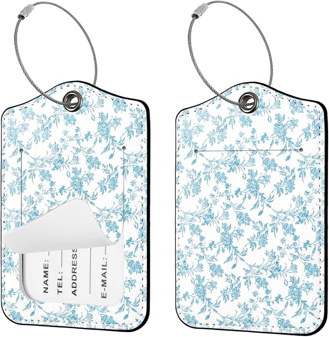 Seorsok 2Pcs Luggage Travel Tags for Suitcases,Elegant Sage Blue Floral PU Leather Name Tag with Privacy Cover&ID Label Address Card and Durable Metal Ring Suitable for Men Women Handbags Backpack