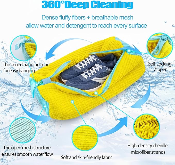Shoe Washing Machine Bags, 2-Pack – 360° Deep Cleaning, Protects Shoes & Washer, Self-Locking Zipper Design, Reusable Laundry Bags for Washing Two Pairs at Once (Yellow)