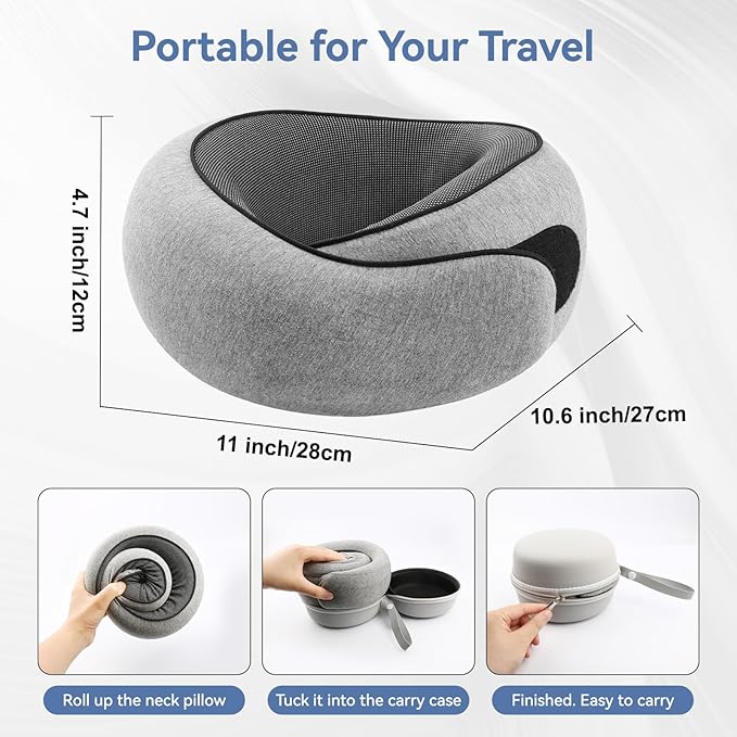 Neck Pillow Airplane, Travel Pillows for Airplanes, Memory Foam Adjustable Portable Neck Pillow for Traveling, Car Rides, and Home Use (Gray)