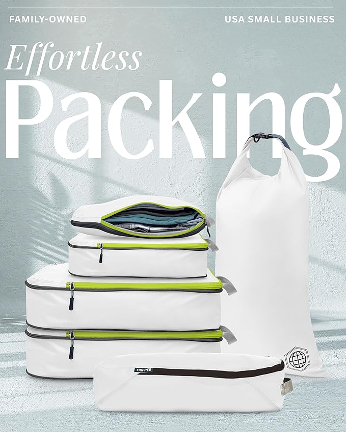 Compression Packing Cubes 6 Piece Set for Carryon Suitcases- Lightweight, Durable Clothes Organizer (White and Green)