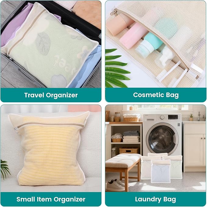4Pcs Durable Cotton Mesh Laundry Bags for Delicates, 12×16inch Breathable Laundry Mesh Wash Bags with Sturdy Zipper for Delicates, Clothes, Pants, Underwear, Bra, Socks (M)