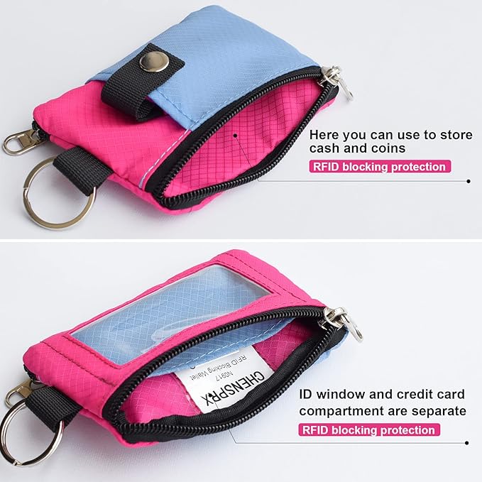 CHENSPRX Minimalist RFID Blocking Small Wallet with ID Window,WaterResistant Zip Id Case Wallet with Lanyard Keychain for Cards,Cash,Travel,Women,Men